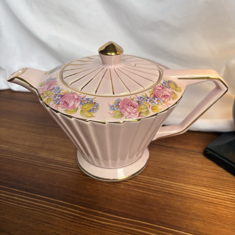 Vintage Sadler Pink Art Deco Teapot Starburst Floral Gold Gilt England 1940s - Picture 2 of 16